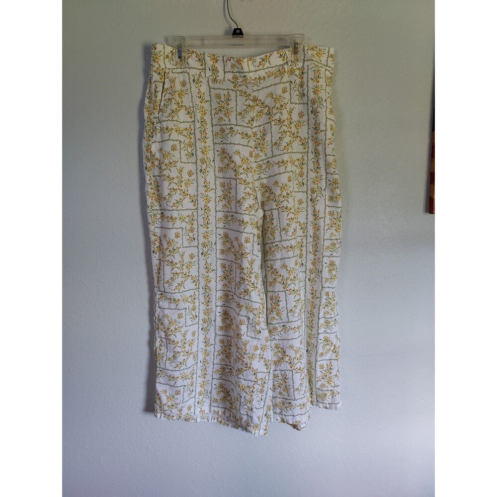 Joie 100% Linen Pants Women's XL Ivory Floral Pull On Pockets Cropped Wide Leg